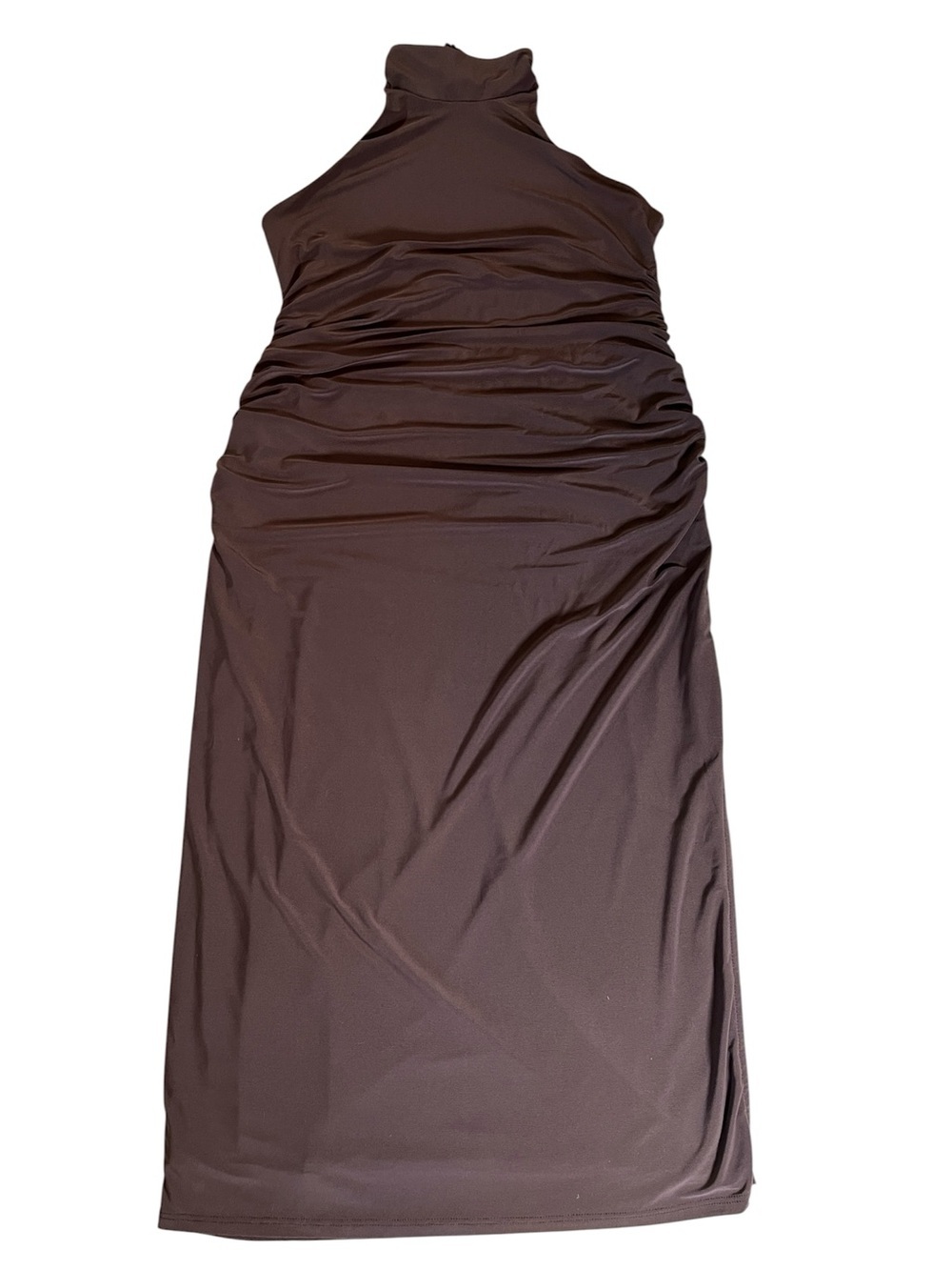 Sleeveless Mock-Neck Ruched Maxi Dress in Chocolate Brown
Medium
Like new
